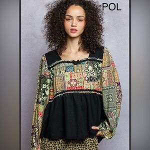 BP221-4💚🖤NEW! POL playful date night a-line top in black w/green+multi inset!